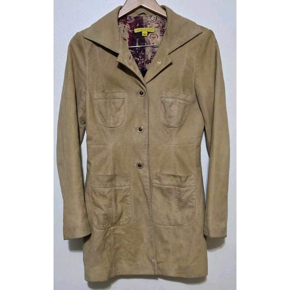 Vntg John Carlisle Trench Jacket Coat M Women Brown Suede Soft Leather‎ Blazer